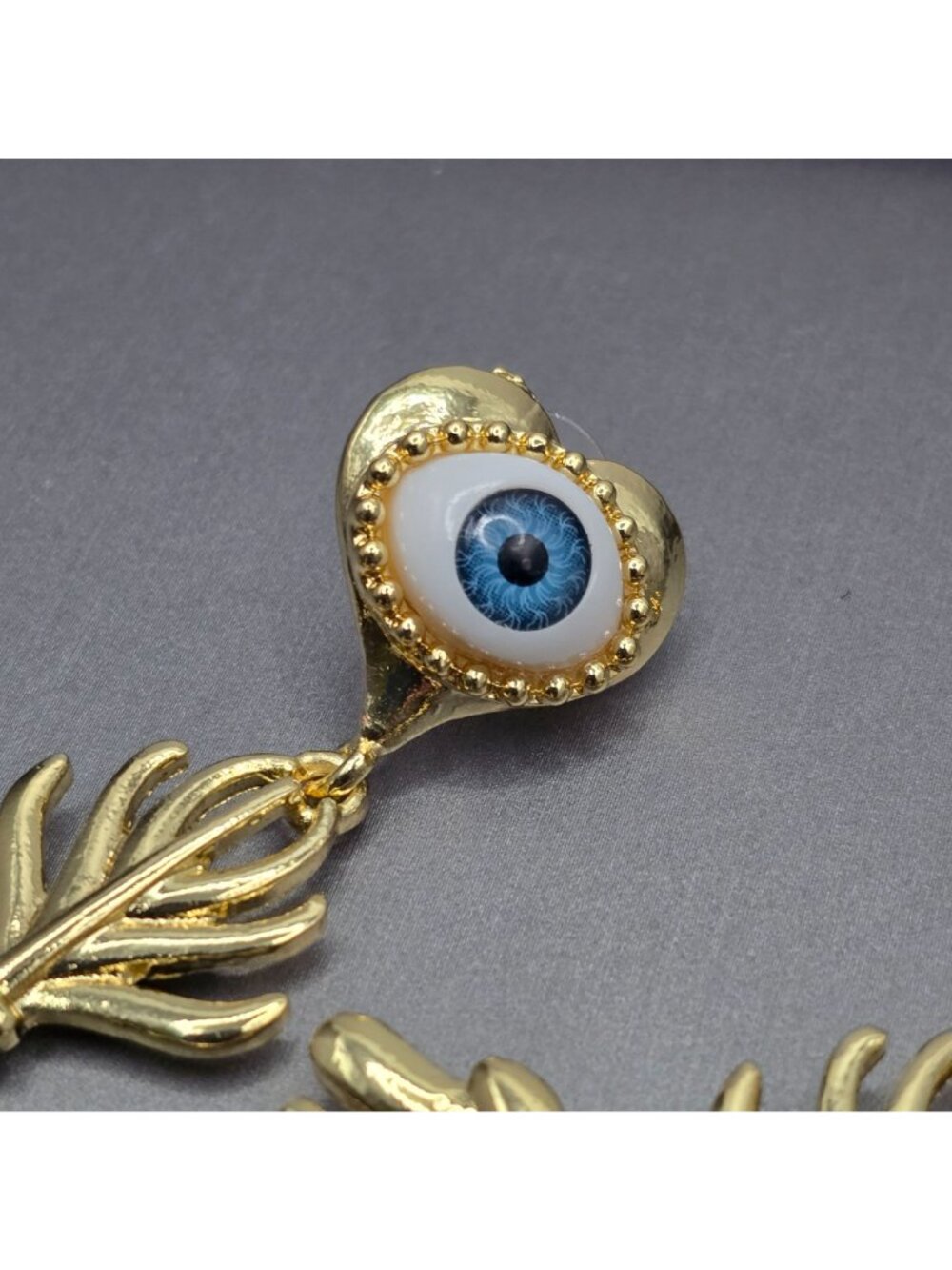 Surrealist Evil Eye Sacred Heart Drop Earrings 3" Gold Red Enamel Statement - Picture 4 of 7